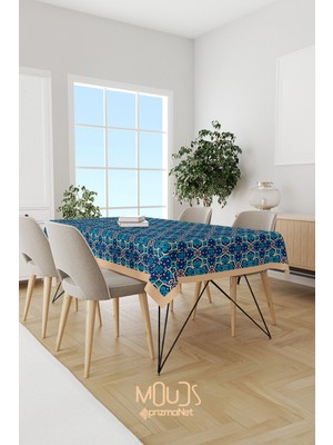 Moud's Mavi Krem Süsleme Islamik Desenli Süet Kumaş Dertsiz Masa Örtüsü Kare ve Dikdörtgen