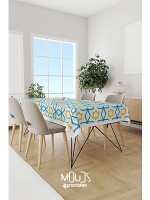 Moud's Mavi Sarı Islamik Desenli Süet Kumaş Dertsiz Masa Örtüsü Kare ve Dikdörtgen