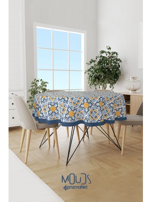 Moud's Mavi Hardal Süsleme Islamik Desenli Süet Kumaş Dertsiz Yuvarlak Masa Örtüsü