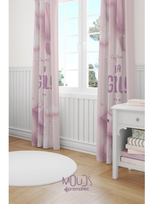 Moud's Pembe Kız Desenli Fon Perde Çocuk ve Bebek Odası Süet Baskılı Ekstrafor Büzgü 2 Kanat Prd-51