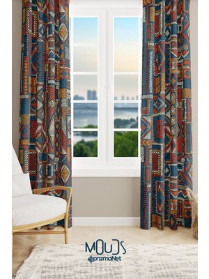 Moud's Anatolia 6 Desenli Süet Oturma Odası Salon Fon Perde Baskılı Ekstrafor Büzgü 2 Kanat PRD-1014