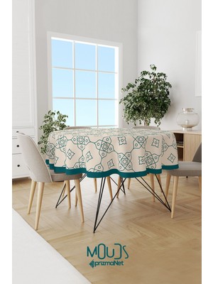 Moud's Beyaz Süsleme Islamik Desenli Süet Kumaş Dertsiz Yuvarlak Masa Örtüsü