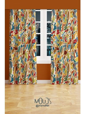 Moud's Renkli Fırça Darbesi Desenli Süet Oturma Odası Salon Fon Perde Ekstrafor Büzgü 2 Kanat PRD-1095