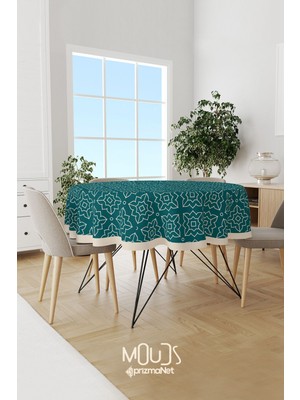 Moud's Turkuaz Beyaz Süsleme Islamik Desenli Süet Kumaş Dertsiz Yuvarlak Masa Örtüsü