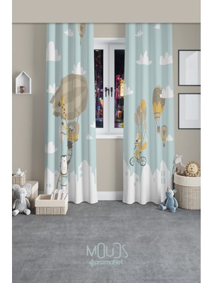 Moud's Uçan Hayvanlar Desenli Fon Perde Çocuk ve Bebek Odası Süet Baskılı Ekstrafor Büzgü 2 Kanat Prd-61
