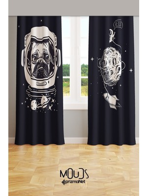 Moud's Uzaylı Pug Desenli Fon Perde Genç Odası Oturma Odası Süet Baskılı Ekstrafor Büzgü 2 Kanat PRD-2020
