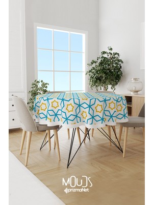 Moud's Mavi Sarı Islamik Desenli Süet Kumaş Dertsiz Yuvarlak Masa Örtüsü