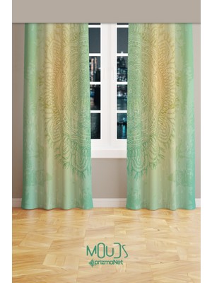 Moud's Yeşil Mandala Desenli Süet Oturma Odası Salon Fon Perde Baskılı Ekstrafor Büzgü 2 Kanat PRD-1103