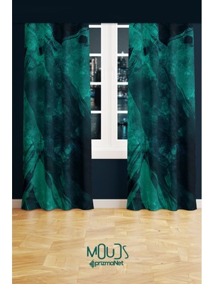 Moud's Yeşil Lacivert Desenli Süet Oturma Odası, Salon Fon Perde Baskılı Ekstrafor Büzgü 2 Kanat PRD-1001