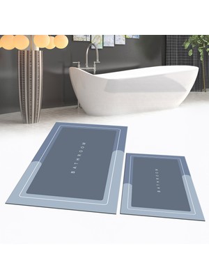 Viyana Home Dijital Baskılı Kaymaz Taban Yıkanabilir Ikili Banyo Paspas Klozet Takımı, V-Klozet-01-Mavi,