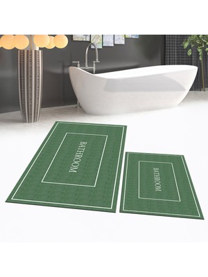 Viyana Home Dijital Baskılı Kaymaz Taban Yıkanabilir Ikili Banyo Paspas Klozet Takımı, V-Klozet-04-Yeşil,