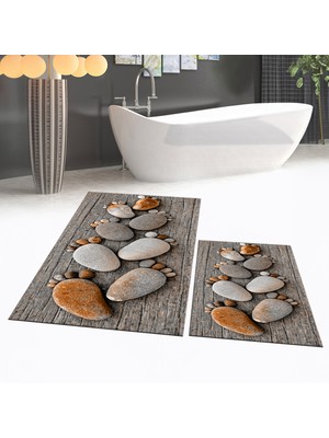 Viyana Home Dijital Baskılı Kaymaz Taban Yıkanabilir Ikili Banyo Paspas Klozet Takımı, V-Klozet-15-Kahve,