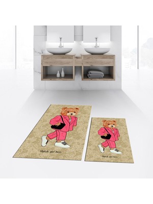 Viyana Home Dijital Baskılı Kaymaz Taban Yıkanabilir Ikili Banyo Paspas Klozet Takımı, V-Klozet-34-Kahve,