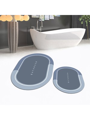 Viyana Home Dijital Baskılı Kaymaz Taban Yıkanabilir Oval Ikili Banyo Paspas Klozet Takımı, V-O-Klozet-01-Mavi,