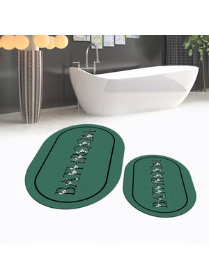 Viyana Home Dijital Baskılı Kaymaz Taban Yıkanabilir Oval Ikili Banyo Paspas Klozet Takımı, V-O-Klozet-06-Yeşil,
