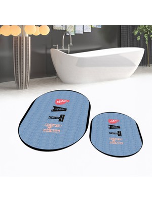 Viyana Home Dijital Baskılı Kaymaz Taban Yıkanabilir Oval Ikili Banyo Paspas Klozet Takımı, V-O-Klozet-08-Mavi,