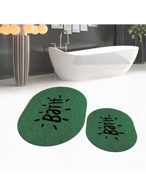 Viyana Home Dijital Baskılı Kaymaz Taban Yıkanabilir Oval Ikili Banyo Paspas Klozet Takımı, V-O-Klozet-09-Yeşil,