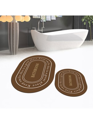Viyana Home Dijital Baskılı Kaymaz Taban Yıkanabilir Oval Ikili Banyo Paspas Klozet Takımı, V-O-Klozet-05-Kahve,