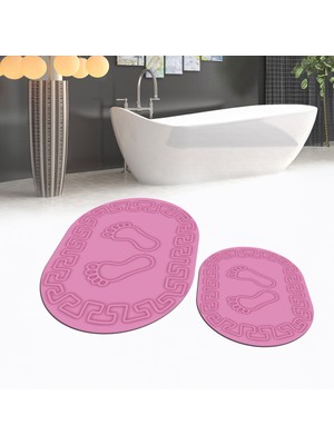 Viyana Home Dijital Baskılı Kaymaz Taban Yıkanabilir Oval Ikili Banyo Paspas Klozet Takımı, V-O-Klozet-18-Pembe,