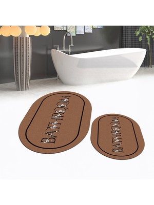Viyana Home Dijital Baskılı Kaymaz Taban Yıkanabilir Oval Ikili Banyo Paspas Klozet Takımı, V-O-Klozet-06-Kahve,