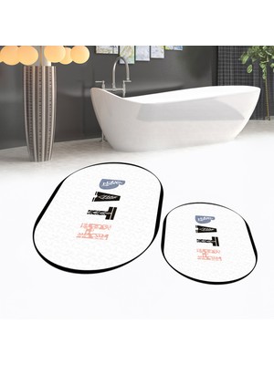 Viyana Home Dijital Baskılı Kaymaz Taban Yıkanabilir Oval Ikili Banyo Paspas Klozet Takımı, V-O-Klozet-08-Beyaz,