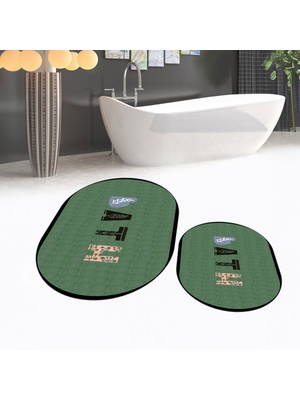 Viyana Home Dijital Baskılı Kaymaz Taban Yıkanabilir Oval Ikili Banyo Paspas Klozet Takımı, V-O-Klozet-08-Yeşil,