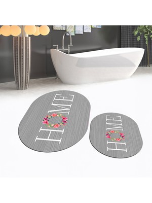 Viyana Home Dijital Baskılı Kaymaz Taban Yıkanabilir Oval Ikili Banyo Paspas Klozet Takımı, V-O-Klozet-12-Gri,