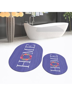 Viyana Home Dijital Baskılı Kaymaz Taban Yıkanabilir Oval Ikili Banyo Paspas Klozet Takımı, V-O-Klozet-12-Mor,