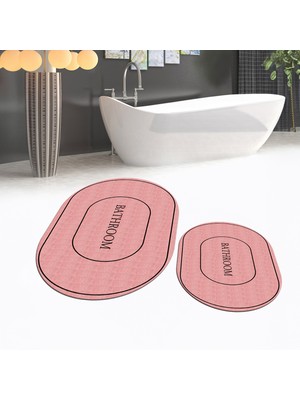 Viyana Home Dijital Baskılı Kaymaz Taban Yıkanabilir Oval Ikili Banyo Paspas Klozet Takımı, V-O-Klozet-04-Pembe,