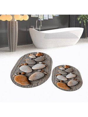 Viyana Home Dijital Baskılı Kaymaz Taban Yıkanabilir Oval Ikili Banyo Paspas Klozet Takımı, V-O-Klozet-15-Kahve,