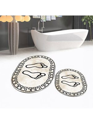 Viyana Home Dijital Baskılı Kaymaz Taban Yıkanabilir Oval Ikili Banyo Paspas Klozet Takımı, V-O-Klozet-19-Kahve,