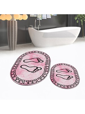 Viyana Home Dijital Baskılı Kaymaz Taban Yıkanabilir Oval Ikili Banyo Paspas Klozet Takımı, V-O-Klozet-19-Pembe,
