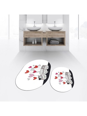 Viyana Home Dijital Baskılı Kaymaz Taban Yıkanabilir Oval Ikili Banyo Paspas Klozet Takımı, V-O-Klozet-42-Beyaz,