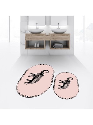 Viyana Home Dijital Baskılı Kaymaz Taban Yıkanabilir Oval Ikili Banyo Paspas Klozet Takımı, V-O-Klozet-32-Pembe,