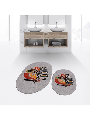 Viyana Home Dijital Baskılı Kaymaz Taban Yıkanabilir Oval Ikili Banyo Paspas Klozet Takımı, V-O-Klozet-27-Gri,