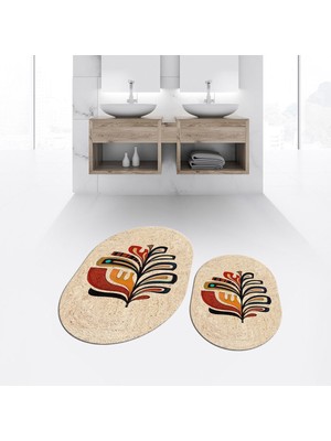 Viyana Home Dijital Baskılı Kaymaz Taban Yıkanabilir Oval Ikili Banyo Paspas Klozet Takımı, V-O-Klozet-27-Kahve,