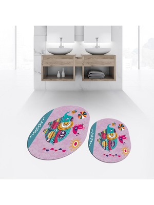 Viyana Home Dijital Baskılı Kaymaz Taban Yıkanabilir Oval Ikili Banyo Paspas Klozet Takımı, V-O-Klozet-31-Pembe,