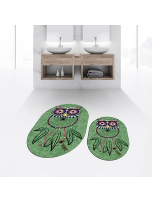 Viyana Home Dijital Baskılı Kaymaz Taban Yıkanabilir Oval Ikili Banyo Paspas Klozet Takımı, V-O-Klozet-35-Yeşil,