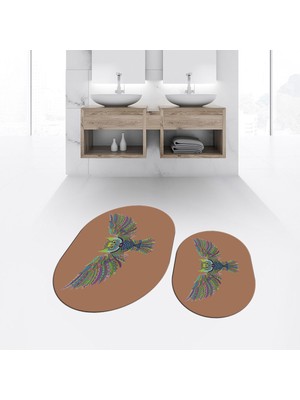 Viyana Home Dijital Baskılı Kaymaz Taban Yıkanabilir Oval Ikili Banyo Paspas Klozet Takımı, V-O-Klozet-37-Kahve,