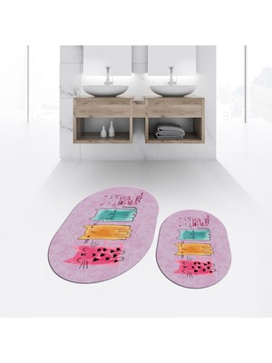 Viyana Home Dijital Baskılı Kaymaz Taban Yıkanabilir Oval Ikili Banyo Paspas Klozet Takımı, V-O-Klozet-41-Pembe,