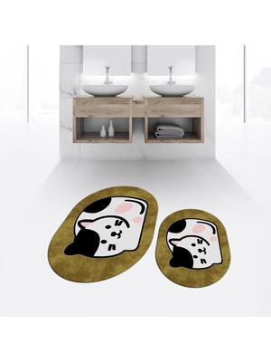 Viyana Home Dijital Baskılı Kaymaz Taban Yıkanabilir Oval Ikili Banyo Paspas Klozet Takımı, V-O-Klozet-43-Kahve,