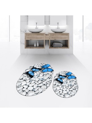 Viyana Home Dijital Baskılı Kaymaz Taban Yıkanabilir Oval Ikili Banyo Paspas Klozet Takımı, V-O-Klozet-45-Mavi,