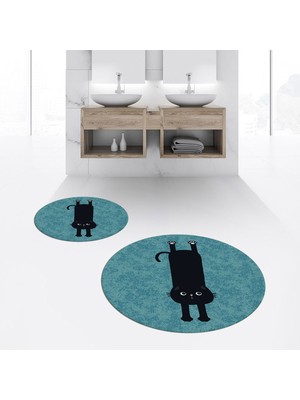 Viyana Home Dijital Baskılı Kaymaz Yıkanabilir Yuvarlak Ikili Banyo Paspas Klozet Takımı, V-Y-Klozet-39-Mavi,