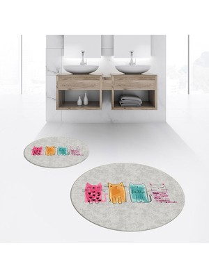 Viyana Home Dijital Baskılı Kaymaz Yıkanabilir Yuvarlak Ikili Banyo Paspas Klozet Takımı, V-Y-Klozet-41-Gri,