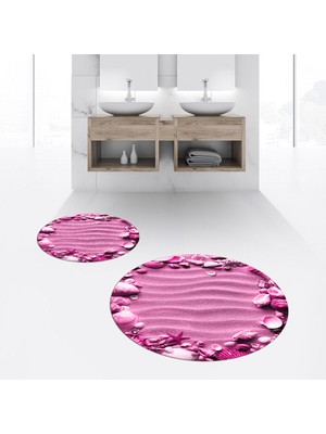 Viyana Home Dijital Baskılı Kaymaz Yıkanabilir Yuvarlak Ikili Banyo Paspas Klozet Takımı, V-Y-Klozet-47-Pembe,