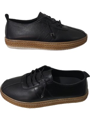 Mr.white Kadın Siyah Deri Lastik-Bağcıklı Ortopedik  Model Günlük Klasik Şık Ayakkabı