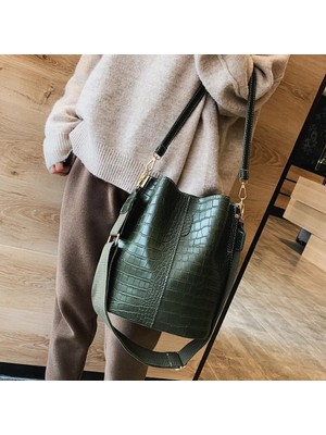 Kensen Shop Coofer Tarzı 26CMX28CMX16CM Vintage Kadın Crossbody Çanta Yeni Omuz Çantası Moda Çanta ve Çantalar Deri Taş Desen Fermuarlı Kova Çantalar (Yurt Dışından)