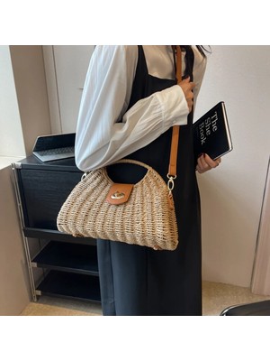 Kensen Shop Bej Tarzı Kadın Crossbody Çanta Yaz Dokuma Kabuk Üst Saplı Çanta El Yapımı Moda Tatil Rahat Basit Zarif Bayan Hasır Çanta (Yurt Dışından)