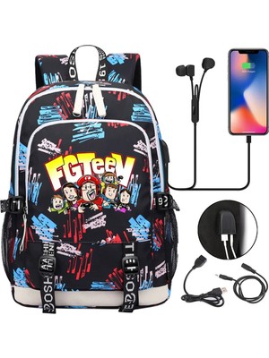 Yuying Shop No.19 Tarzı Yeni Fgteev Okul Sırt Çantası Öğrenci USB Şarj Laptop Çantaları Erkek Kız Günlük Seyahat Sırt Çantaları Genç Koleji Mochila (Yurt Dışından)