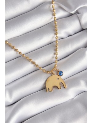 Clariss 316L Çelik Gold Renk Top Zincir Model Fil Figür Nazar Boncuk Detay Kadın Kolye - EBJ240408W23489